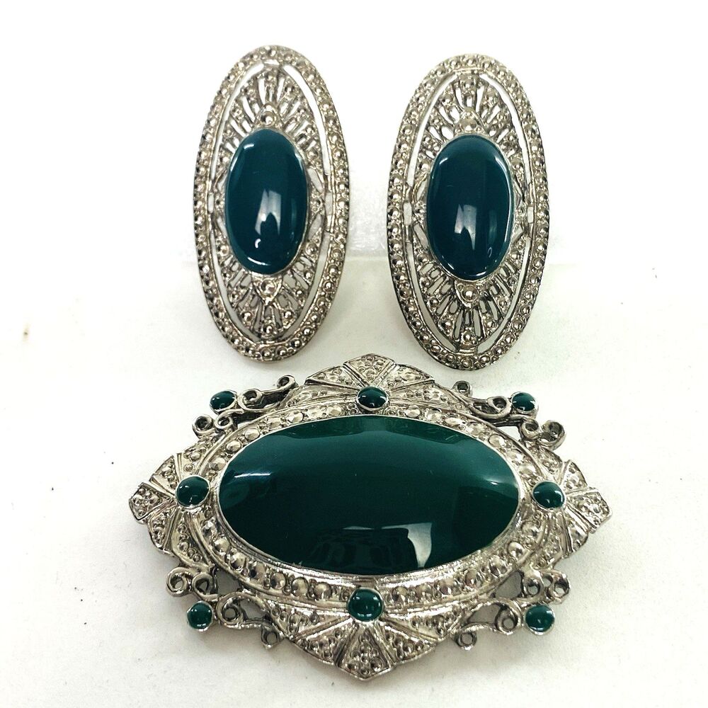 Vintage Green Enamel Silver Filigree Victorian Brooch & Clip on Earrings set MCM